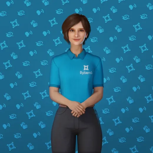 Avatar Rybená em postura receptiva, representando a apresentação institucional da empresa
